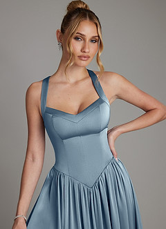Azazie Francis Bridesmaid Dresses Dusty Blue A-Line Corset Stretch Satin Dress image4