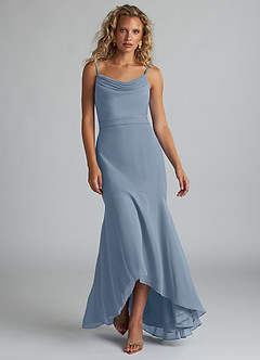 Azazie Summer Jurken voor bruidsmeisjes Jurk van Chiffon met Zeemeermin Schop cowl Stoffig Blauw image4