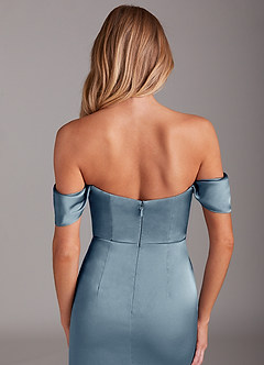 Azazie Saige Bridesmaid Dresses Dusty Blue Sheath Off the Shoulder Stretch Satin Dress image9