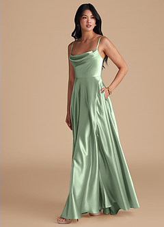 Azazie Elle Bridesmaid Dresses Matcha A-Line with Pockets Metallic Satin Dress image6