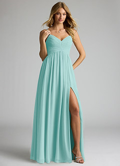 Azazie Alia Bridesmaid Dresses Aqua A-Line Pleated Chiffon Dress image4