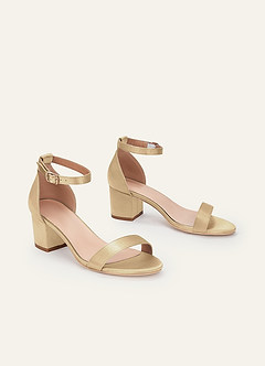 front Matching Color Metallic Satin One Strap Buckle Block Heel Sandals