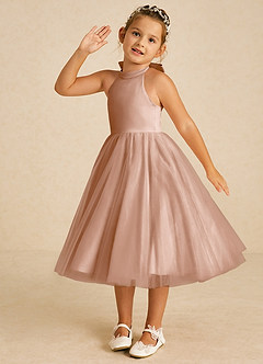 Azazie Dora Flower Girl Dresses Champagne Rose A-Line Bow Tulle Dress image2