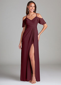 Azazie Dakota Bridesmaid Dresses Cabernet A-Line Off the Shoulder Mesh Dress image1