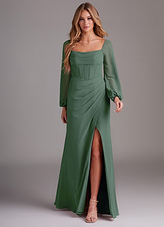 Azazie Charissa Bridesmaid Dresses Eucalyptus Sheath Long Sleeve Chiffon Dress image3