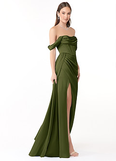 Azazie Amyra Vestidos de damas de honor Vestido Oliva Brillante de Satén Elástico de Corte Sirena Convertible con Hombros descubiertos image4