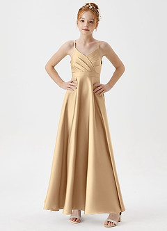 Azazie Avelina Junior Champagne A-Line Pleated Stretch Satin Dress image3