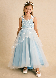 Azazie Darlina Robe Demoiselle D'honneur Fillette Robe Princesse en Tulle Dentelle Ivoire Bleu Ciel image5