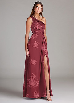 Azazie Brooke Bridesmaid Dresses Burgundy Floral Bouquet A-Line One Shoulder Stretch Satin Dress image4