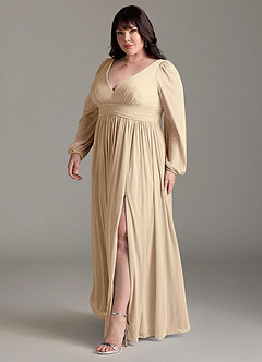 Azazie Norah Abiti da Damigella Abito A-Line in Chiffon con Maniche lunghe e Scollo a V Champagne image11