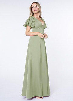 Azazie Lani Bridesmaid Dresses Dusty Sage A-Line Flounce Sleeve Stretch Satin Dress image4
