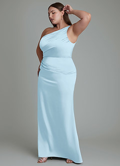 Azazie Akilah At-home Try On Dresses Sky Blue Mermaid One Shoulder Stretch Satin Dress image12