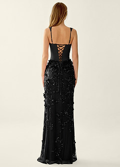 Belinda Schwarz Meerjungfrauen-Abendkleid mit 3D-Blumen-Korsett und Schnürung am Rücken image2