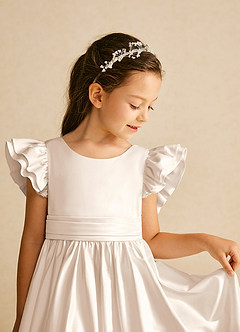 Azazie Piglette Flower Girl Dresses White Alabaster A-Line Bow Matte Satin Dress image3