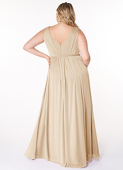 Azazie Tanicia Bridesmaid Dresses Champagne A-Line V-Neck Pleated Mesh Dress image6