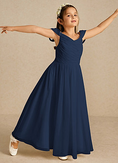 Azazie Chelle vestidos de niña de las flores Vestido de Azul Marino Oscuro de Gasa de Corte En A con Plisado image3