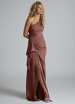 Azazie Maive Bridesmaid Dresses Espresso Sheath Ruched Stretch Satin Dress image2