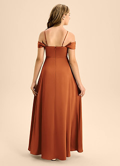 Azazie Anselie Junior Cinnamon A-Line Off the Shoulder Stretch Satin Dress image2