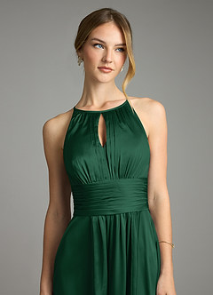 Azazie Bonnie Bridesmaid Dresses Dark Green A-Line Pleated Stretch Satin Dress image2