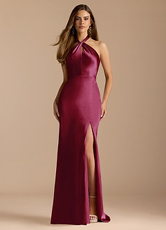 Azazie Tracie Bridesmaid Dresses Burgundy A-Line Pleated Metallic Satin Dress image1