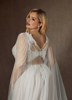 Azazie Goddess Vestidos de novia Vestido de Blanco Diamante Arena de Tul de Corte en A con Lentejuelas cuello pico image13