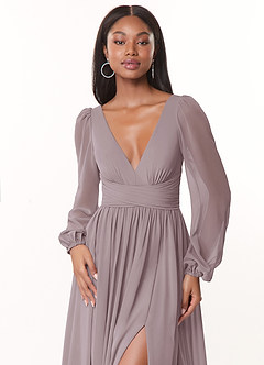 Azazie Norah Bridesmaid Dresses Dusk A-Line V-Neck Long Sleeve Chiffon Dress image5