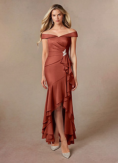 Azazie Billings Mother of the Bride Dresses Terracotta Mermaid Off the Shoulder Stretch Satin Dress image5