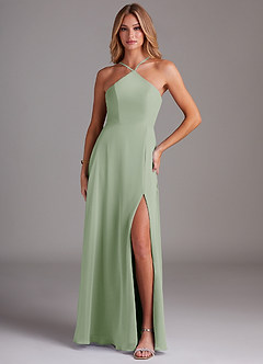 Azazie Bailey Bridesmaid Dresses Dusty Sage A-Line Halter Side Slit Chiffon Dress image1