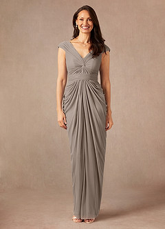 Azazie Lisolette Mother of the Bride Dresses Taupe Sheath Pleated Mesh Dress image1
