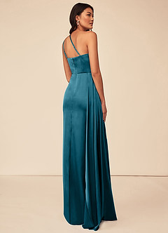 Azazie Maron Bridesmaid Dresses Ink Blue A-Line One Shoulder Stretch Satin Dress image4