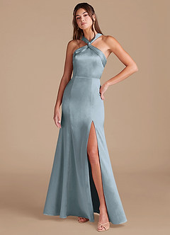 Azazie Rue Bridesmaid Dresses Dusty Blue Mermaid Pleated Metallic Satin Dress image3