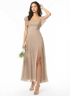 Azazie Bondi Brautjungfernkleider A-Linie Gestreift Chiffon Kleid Taupe image1