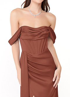 Azazie Amyra Bridesmaid Dresses Auburn Sheath Off the Shoulder Stretch Satin Convertible Dress image9