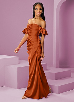 Barbie ♥ Azazie Robes de demoiselle d'honneur Robe Fourreau Convertible en Satin extensible Épaule décolletée Orange Brûlée image4