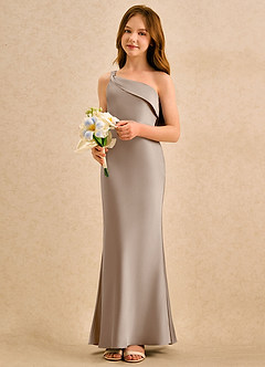 Azazie Almond Girls Formal Jurken voor bloemenmeisjes Kokerjurk Jurk van Stretch Satijn One-shoulder Taupe image3