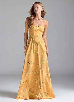 Azazie Mei Bridesmaid Dresses Golden Blooms A-Line V-Neck Stretch Satin Dress image3