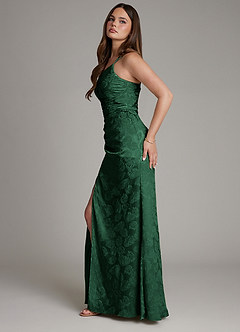 Azazie Mishka Vestidos de damas de honor Vestido de Jacquard Verde Bosque de Jacquard Floral de Corte Recto con Hombro unilateral image6