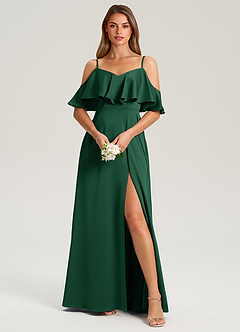 Azazie Jean Bridesmaid Dresses Dark Green A-Line Off the Shoulder Stretch Satin Dress image1