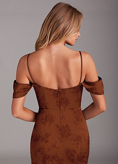 Azazie Saige Bridesmaid Dresses Burnt Orange Floral Sheath Off the Shoulder Stretch Satin Dress image8