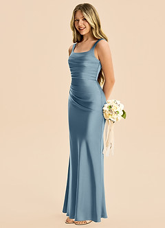 Azazie Lula Junior Dusty Blue Sheath Pleated Stretch Satin Dress image5