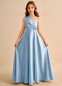 Azazie Puddles Girls Formal Abiti da Ragazza di Fiori Abito A-Line in Raso Opaco Monospalla Azzurro Polvere image5