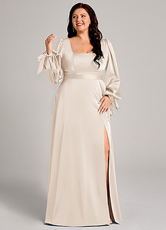 Azazie Leonia Bridesmaid Dresses White Alabaster A-Line Long Sleeve Stretch Satin Dress image10