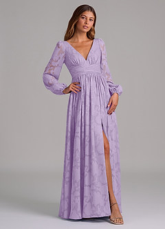 Azazie Norah Vestidos de damas de honor Vestido de Lila de Devorado Floral de Corte en A con Manga larga image4