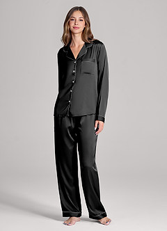 front Matching Color Long Sleeves and Pants Satin PJ Set