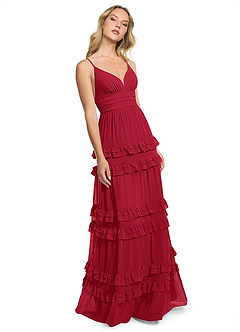 Azazie Rachel Brautjungfernkleider A-Linie Chiffon Kleid Scharlachrot image3