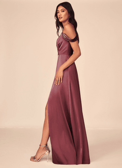 Azazie Ocean Bridesmaid Dresses Merlot A-Line V-Neck Pleated Stretch Satin Dress image3