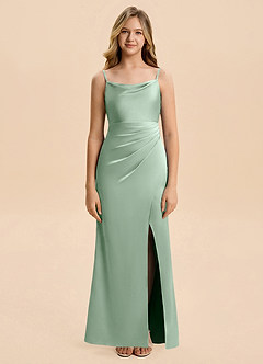 Azazie Christen Junior Agave Sheath Pleated Stretch Satin Dress image4