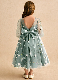 Azazie Elowen Flower Girl Dresses Eucalyptus A-Line Sweetheart Neckline Lace Dress image2