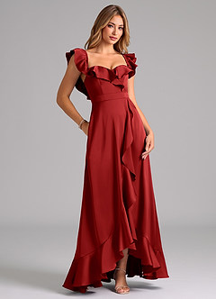 Azazie Lyra Bridesmaid Dresses Pomegranate A-Line Off the Shoulder Stretch Satin Convertible Dress image2