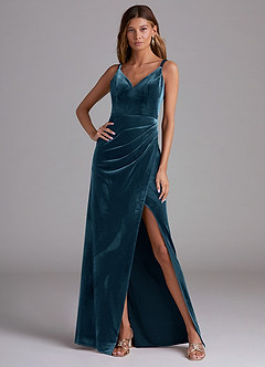 Azazie Leo Bridesmaid Dresses Blue Topaz Sheath Pleated Velvet Dress image3